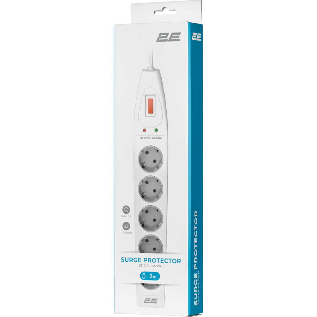 Мережевий фільтр живлення 2E 5XSchuko, 3G*1.5мм, 2м, white (2E-SP515M2WH) - изображение 6