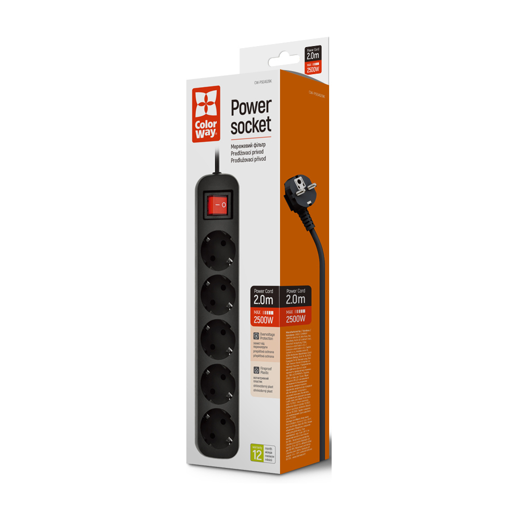 Мережевий фільтр живлення ColorWay CW-PSEA52BK, 5 розеток/ 2M black (CW-PSEA52BK) - зображення 8