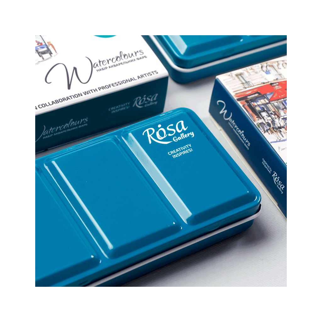 Акварельні фарби Rosa Gallery Urban Sketching в металевому пеналі Бірюза 12 кольорів кювета (4823098525691) - изображение 4