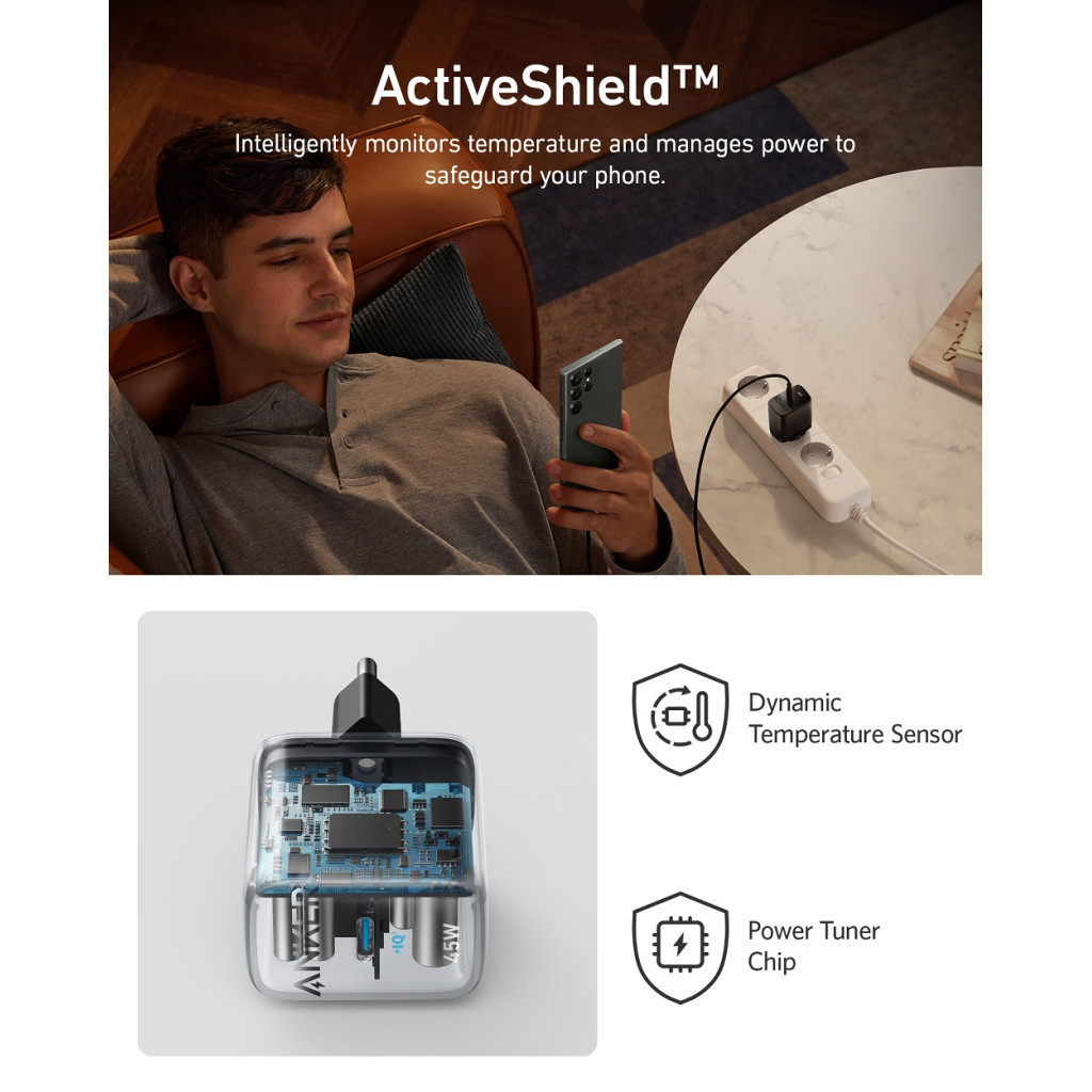 Зарядний пристрій Anker PowerPort 313 - 45W PD + PPS USB-C Black (A2643G11) - зображення 2