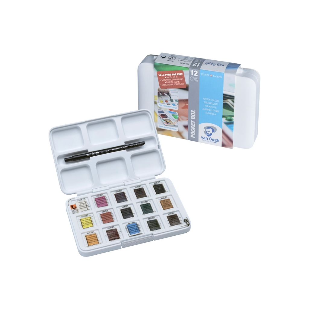 Акварельні фарби Royal Talens Van Gogh 12 + 3 кольори в кюветах + пензлик, пластик (8712079344955) - изображение 2