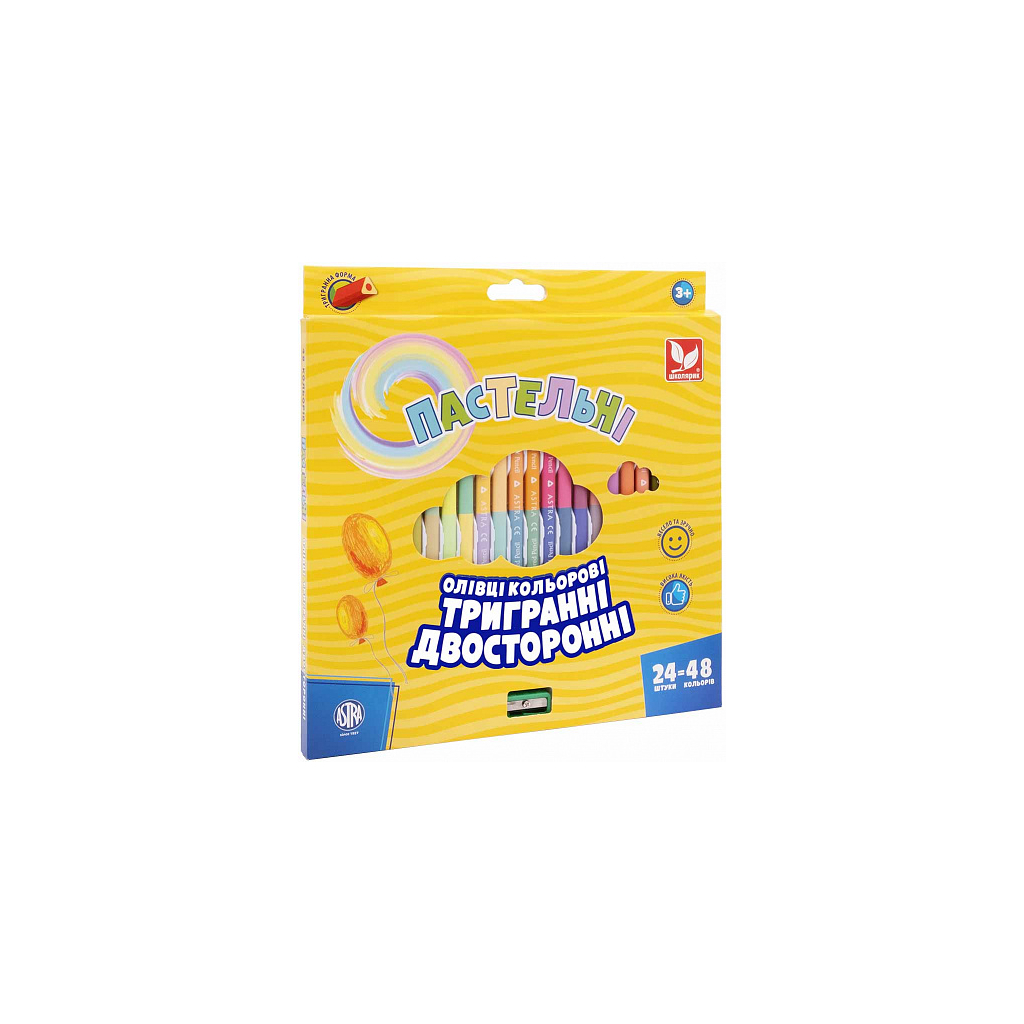 Олівці кольорові Школярик Тригранні Двосторонні Пастельні З точилкою 24 шт 48 кольорів (312120005-UA) - зображення 1