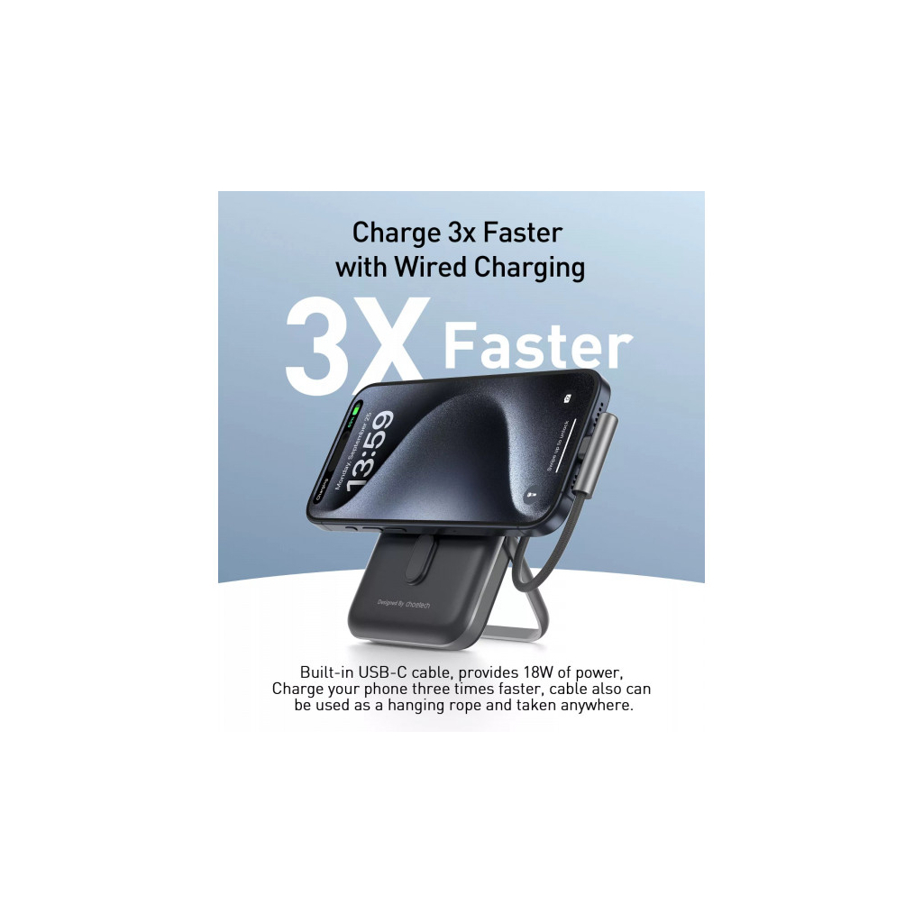 Батарея універсальна Choetech Magnetic Wireless 10000mAh 20W, PD, Qi-15W, USB-C In/Out, build-in cabel, Black (B735-CCBK) - зображення 5