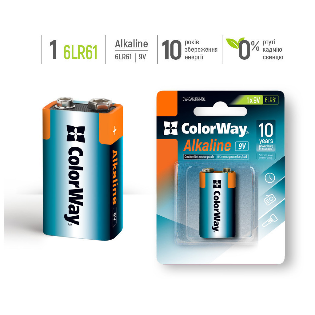 Батарейка ColorWay Крона 6LR61 9V Alkaline Power * 1 (CW-BA6LR61-1BL) - изображение 3