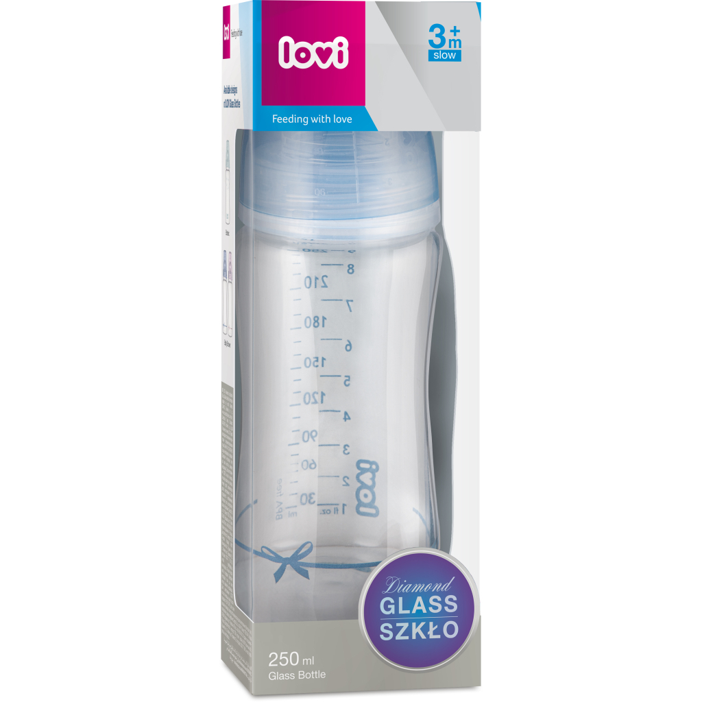 Пляшечка для годування Lovi Diamond Glass Baby Shower скляна 250 мл Блакитна (74/204boy) - зображення 3