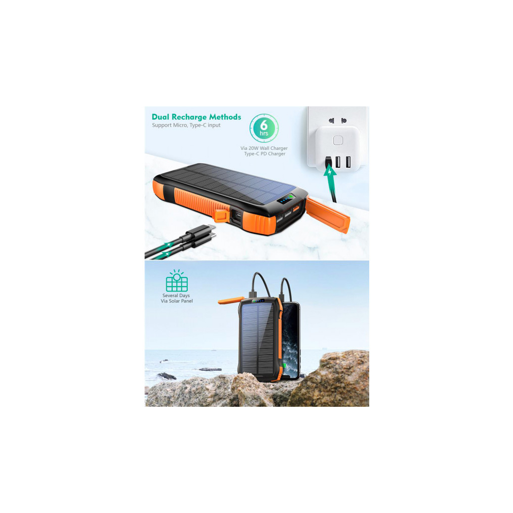 Батарея універсальна Choetech Wireless 20000mAh 20W, PD, QC/3.0, solar panel, Qi-5W, Black-Orange (B657-OR) - зображення 5