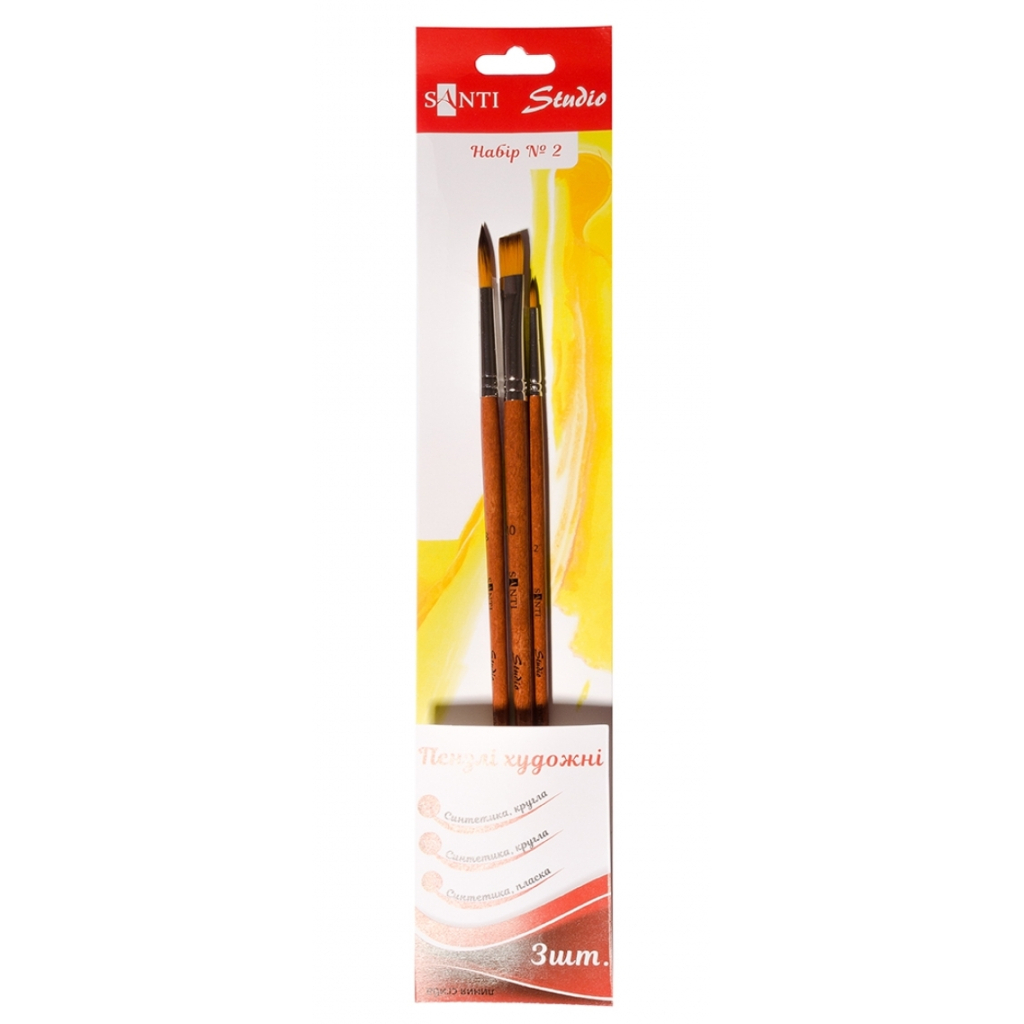 Пензлик для малювання Santi набір художніх №2, синтетика, 1шт. плоска (№10), 2шт круглі (№2,8), коротка ручка (310835) - зображення 1