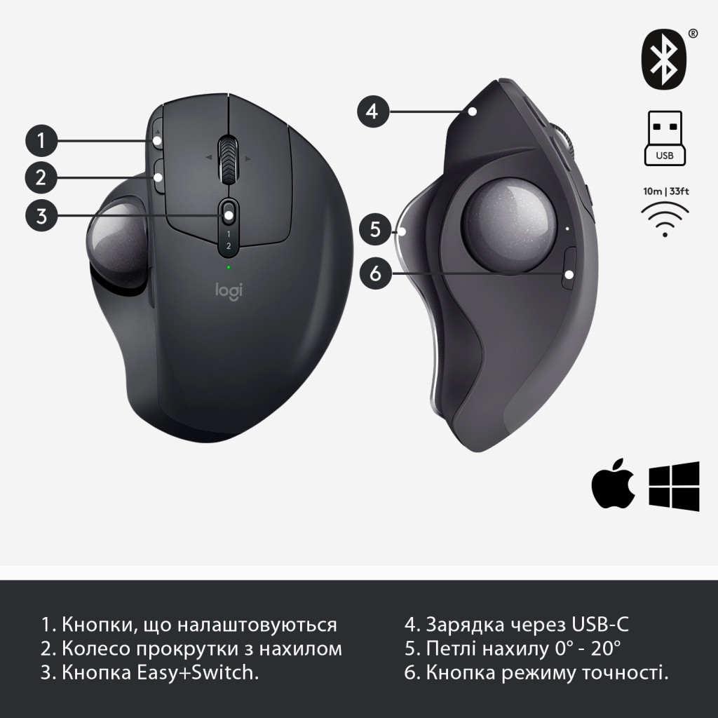 Мишка Logitech MX Ergo Bluetooth Graphite (910-005179) - зображення 6