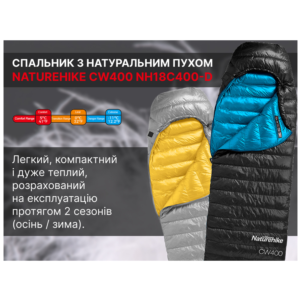 Спальний мішок Naturehike CW400 NH18C400-D, p-р L, чорно-блакитний (6976507666831) - зображення 10