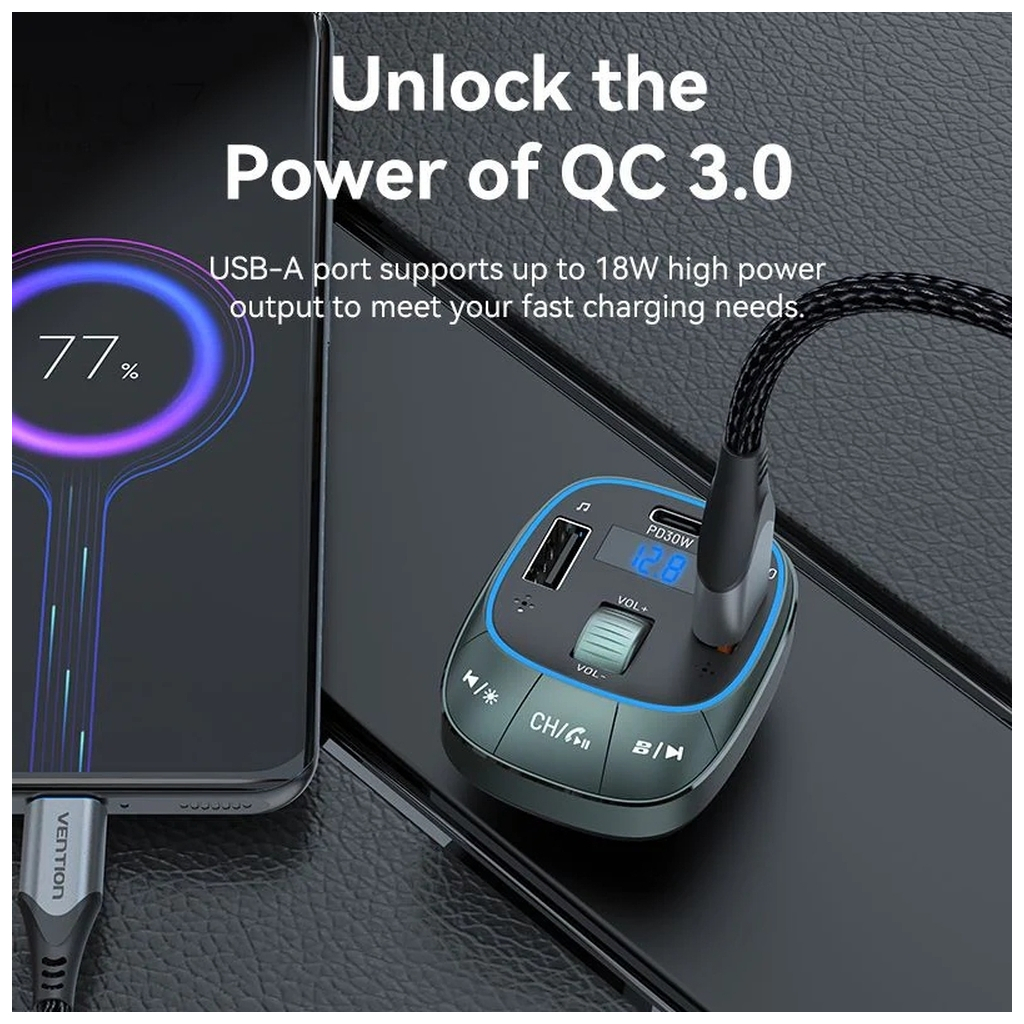 FM модулятор Vention PD 54W 3-Port USB (C+A+A) LED/USB Flash/Bluetooth, вольтметр (FFLB0) - зображення 10