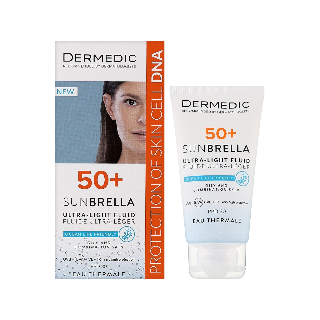 Засіб від засмаги Dermedic Sunbrella Ультралегкий захисний флюїд SPF 50+ Для жирної та комбінованої шкіри 40 мл (5901643177560) - изображение 1