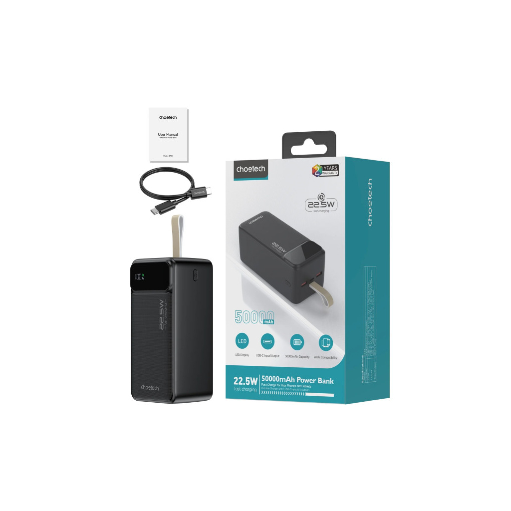 Батарея універсальна Choetech 50000mAh, PD QC/3.0/22.5W, USB-C In/out, 2*USB-A (B732-ACBK) - зображення 3