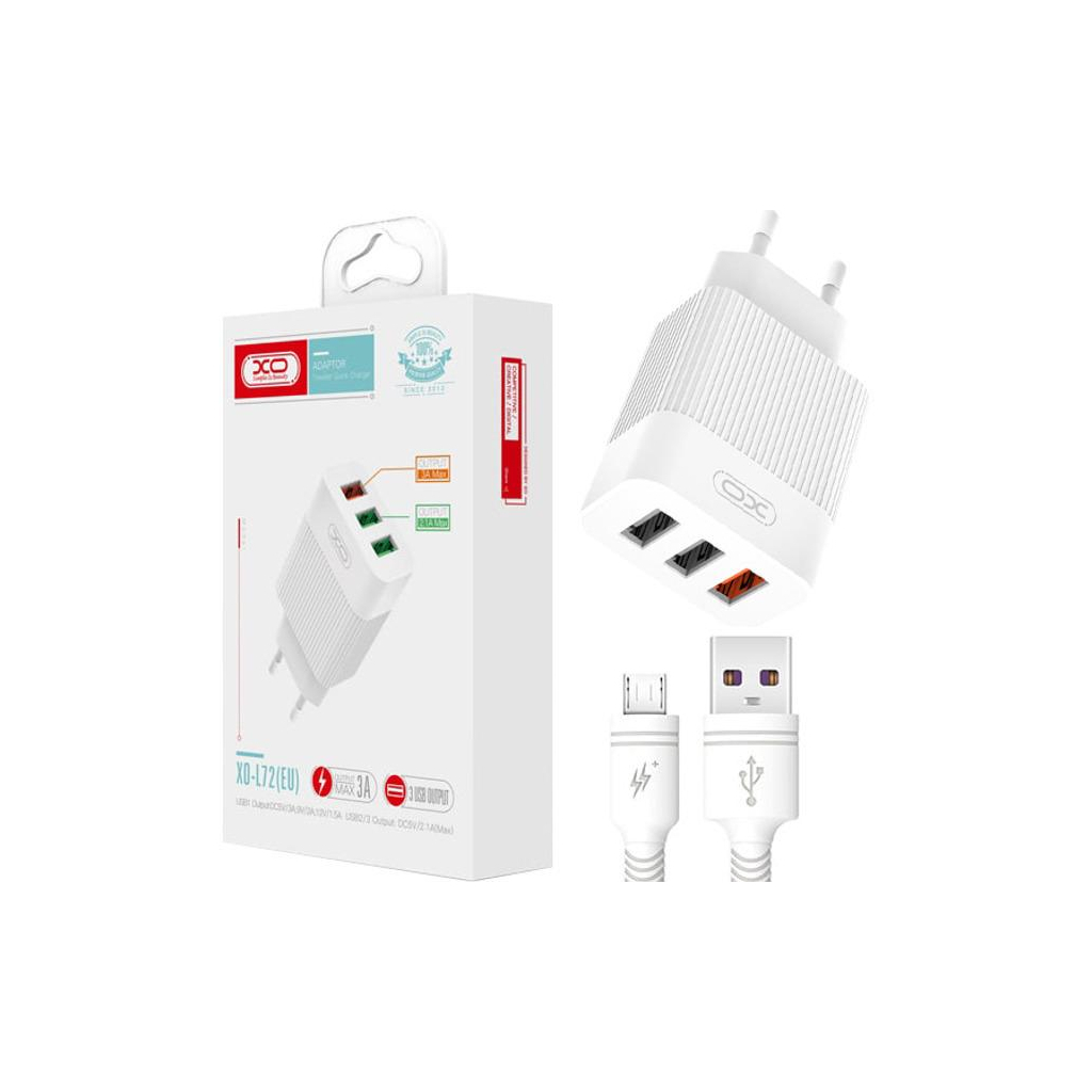 Зарядний пристрій XO USB L72 (3A, QC3.0, 3 Usb) + cable Micro USB White (XO-L72-BK) - зображення 2