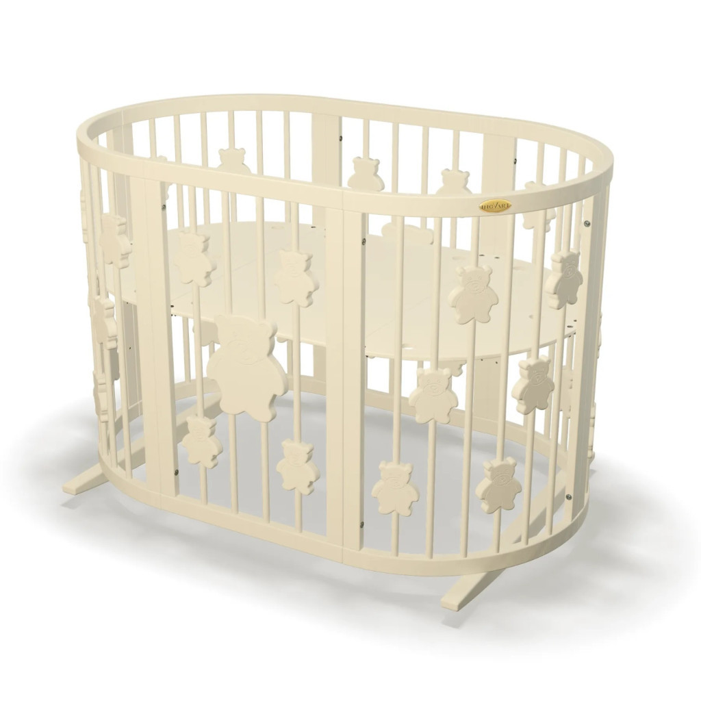 Ліжечко Ingvart трансформер Smart Bed Oval (60х72, 60х120, 60х168 см) слонова кістка з декором "Ведмедики" (1221015) - зображення 1