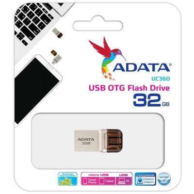 USB флеш накопичувач ADATA 32GB UC360 Golden USB 3.1 OTG (AUC360-32G-RGD) - изображение 3