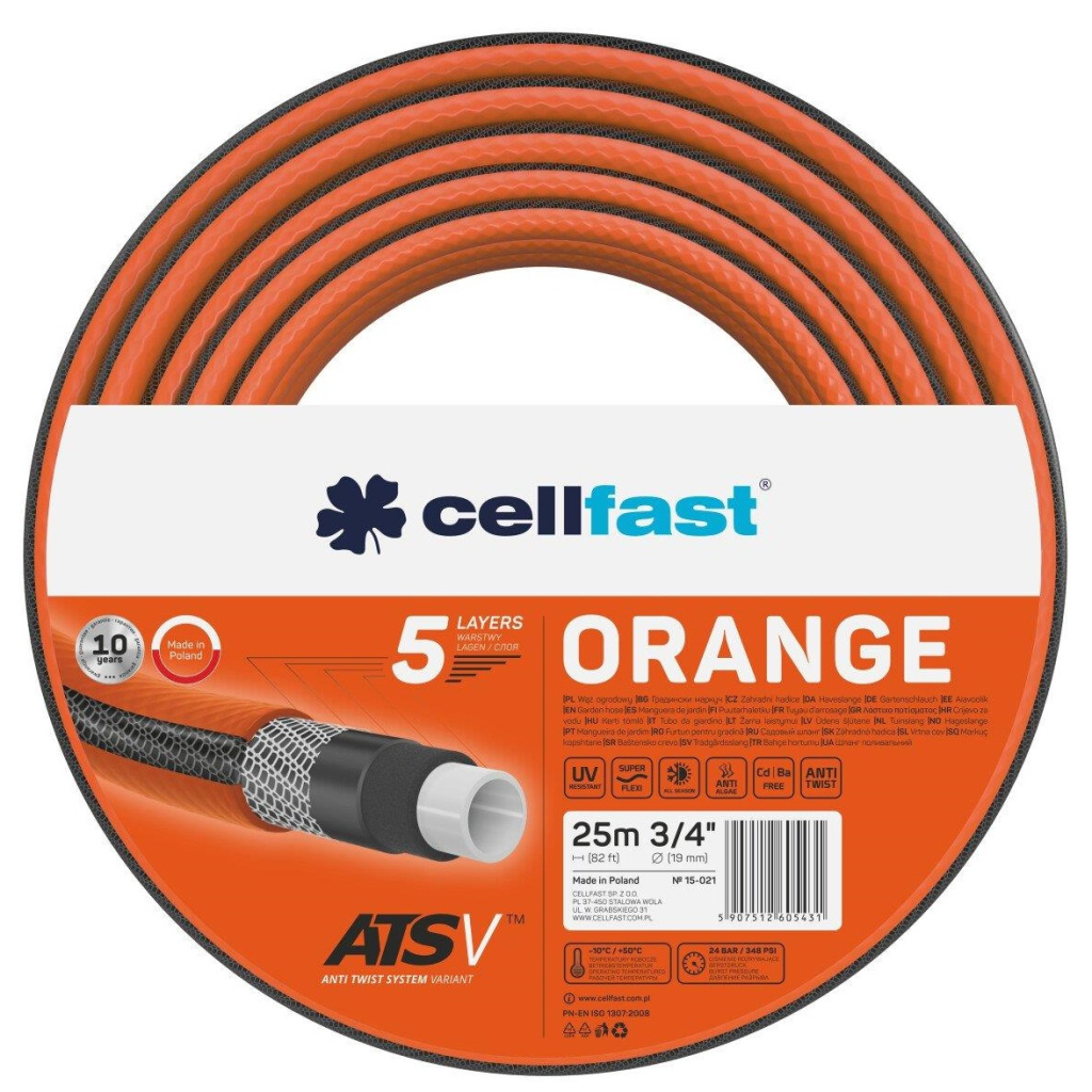 Шланг для поливу Cellfast ORANGE, 3/4', 25 м, 5 шарів, до 24 Бар, -10…50°C (15-021) - зображення 1