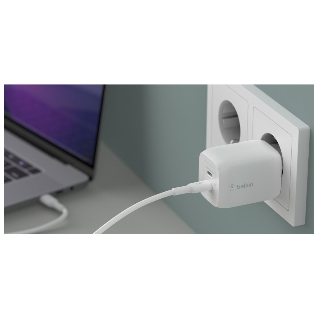 Зарядний пристрій Belkin 2xUSB-C PD65W GaN PPS + cable USB-C to USB-C 2.0m White (WCH013VF2MWH-B6) - зображення 2