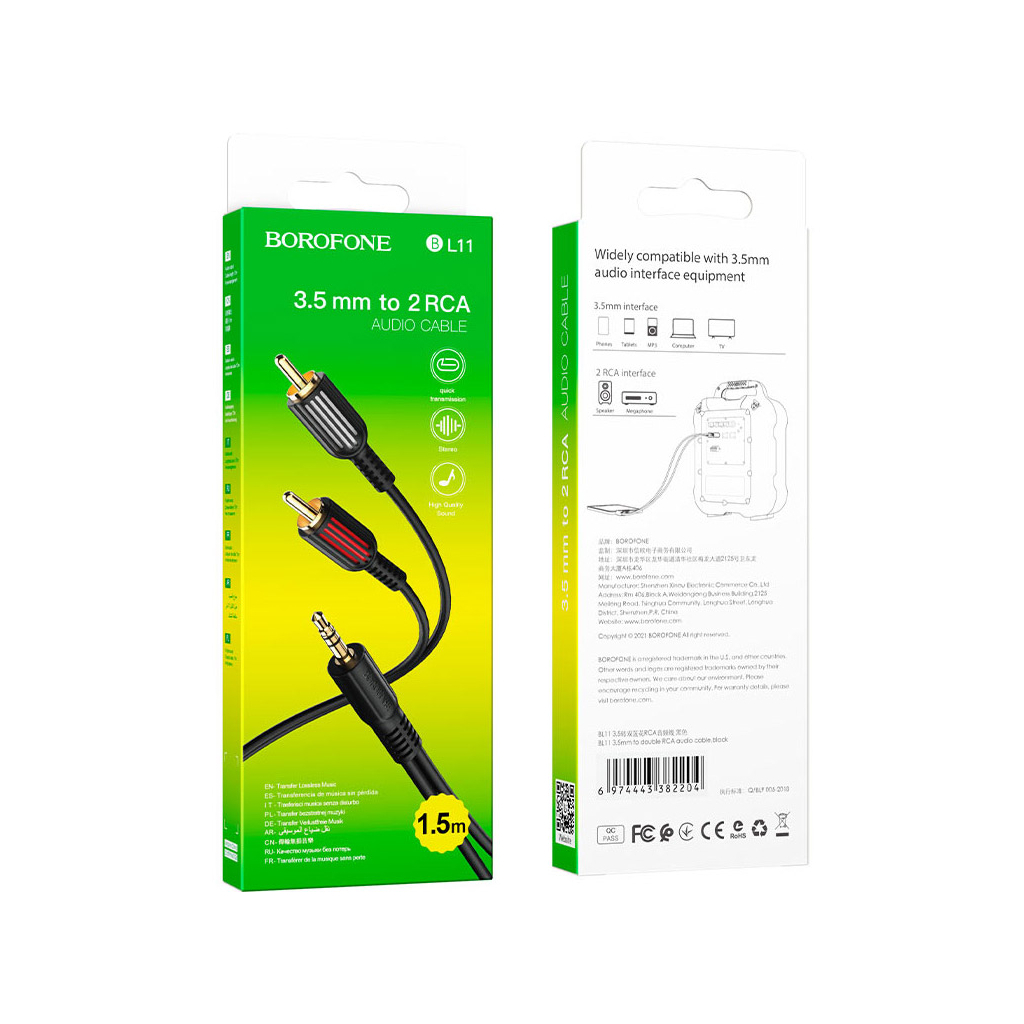 Кабель мультимедійний 3.5mm M to 2xRCA 1.5m Black BOROFONE (6974443382204) - изображение 5