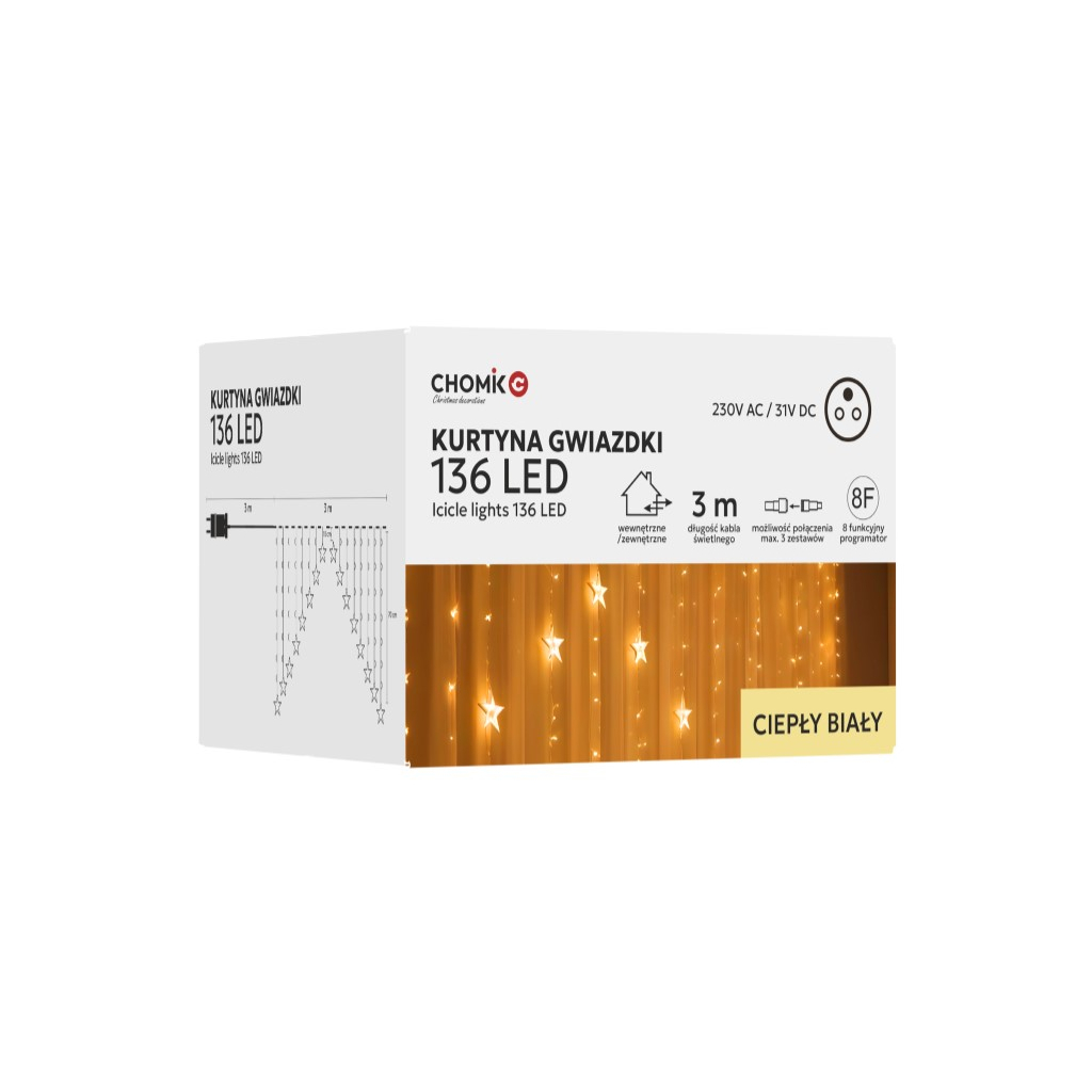 Гірлянда Chomik Штора зірки 136 LED теплий білий, 3 м, від мережі (5900779880030) - зображення 1