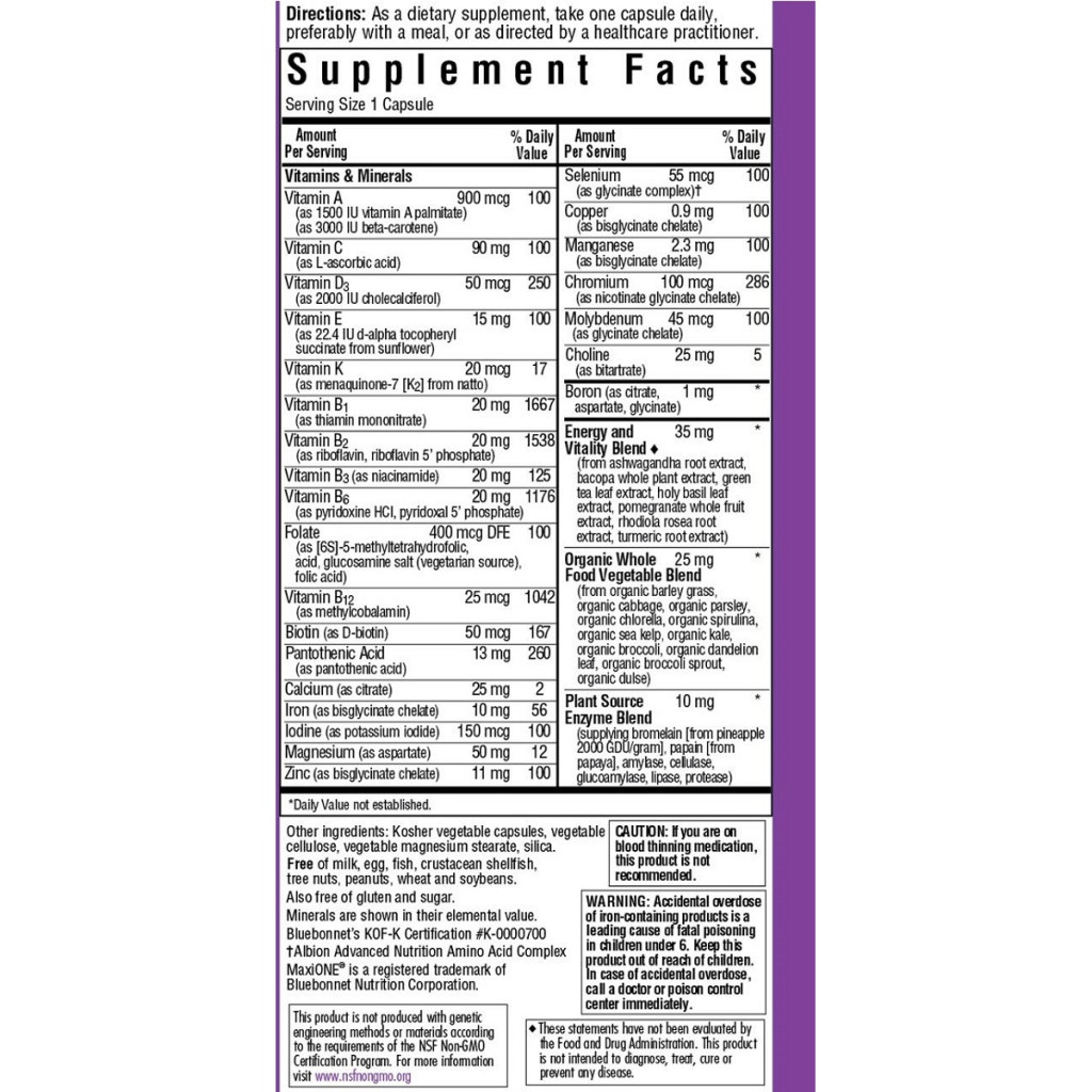 Мультивітамін Bluebonnet Nutrition Мультивітаміни із залізом, MAXI ONE With Iron, 30 вегетаріан (BLB0110) - зображення 2