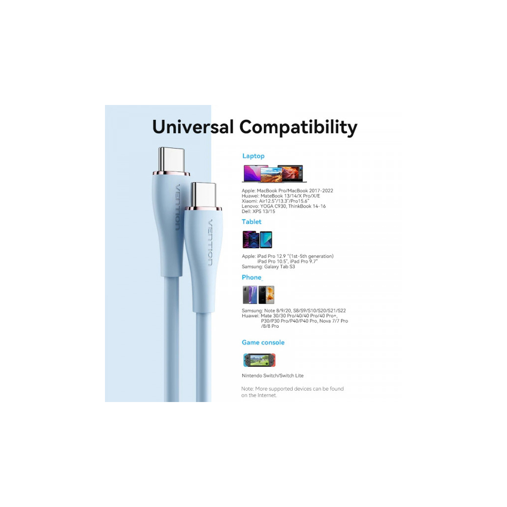 Дата кабель USB-C to 2xUSB-C 1.5m 5.0A Silicone Type Blue VENTION (CTMSG) - зображення 4