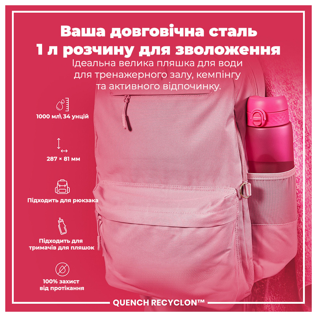 Пляшка для води ION8 OneTouch 1000 мл BPA Free, Pink (I8RF1000PIN) - зображення 5