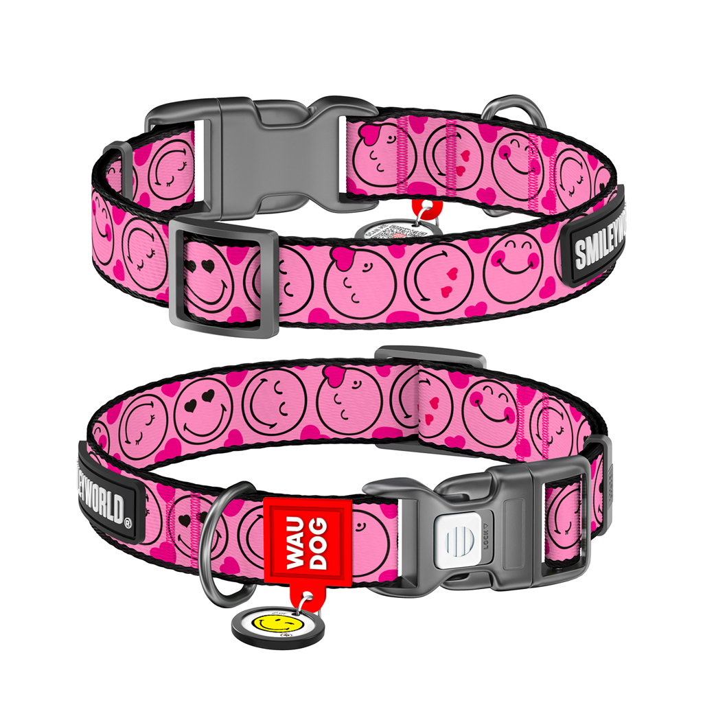 Нашийник для тварин WAUDOG Nylon з QR-паспортом "Смайли на рожевому", пластиковий фастекс XL (283-0187) - зображення 1