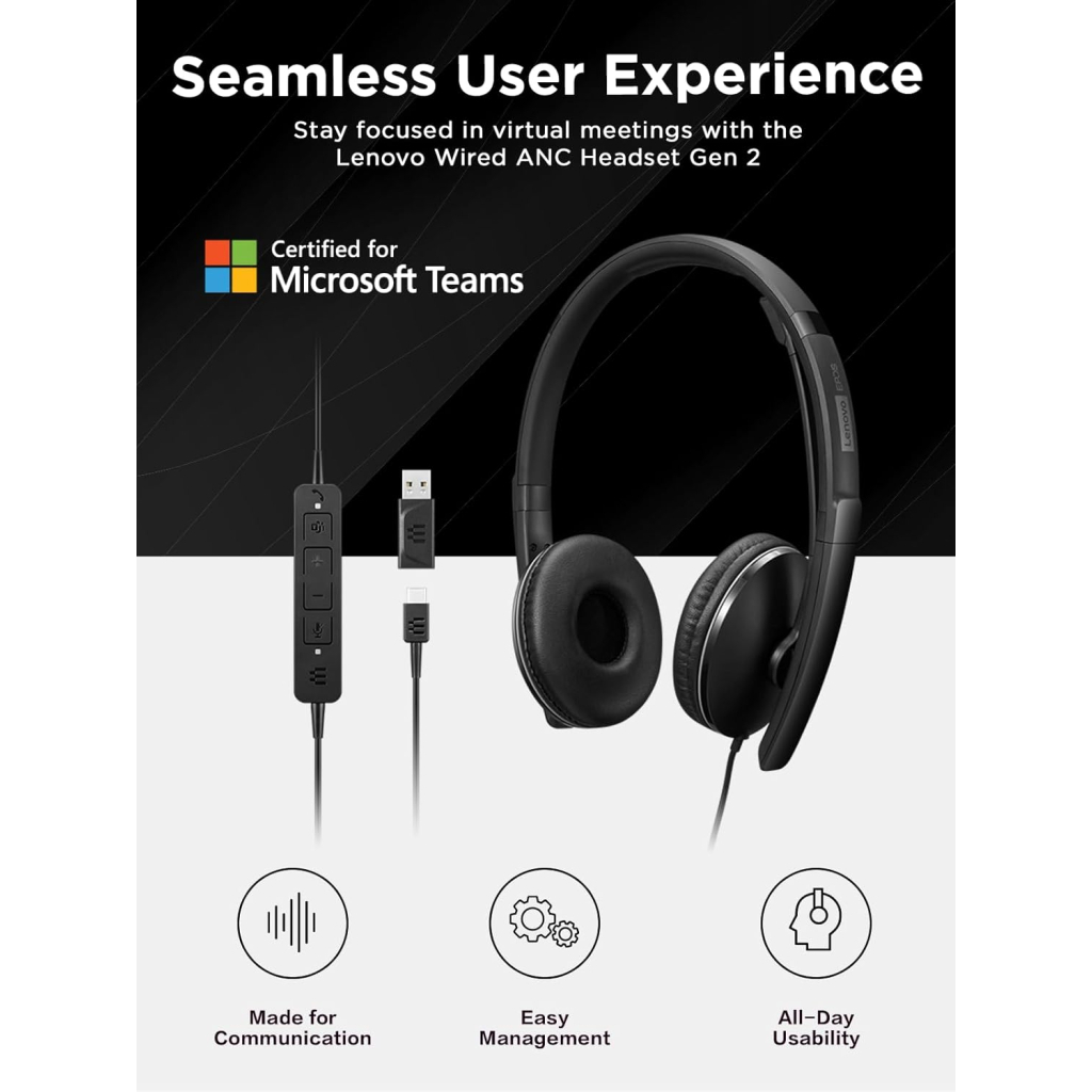 Навушники Lenovo Wired ANC Headset Gen 2 (Teams) Black (4XD1M45627) - зображення 4