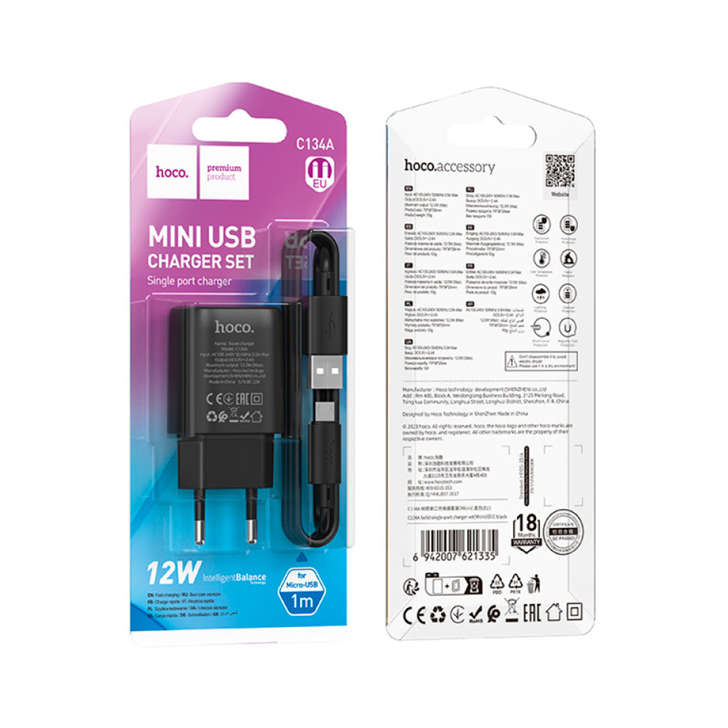 Зарядний пристрій HOCO C134A Solid USB + cable USB to Micro 5P Black (6942007621335) - зображення 5