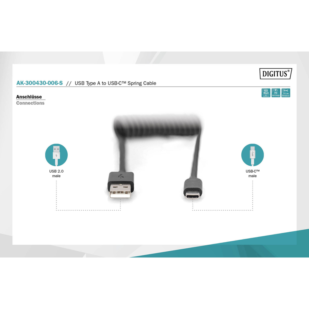 Дата кабель USB 2.0 AM to USB-C 1.0m (0.32m) spiral black Digitus (AK-300430-006-S) - зображення 6