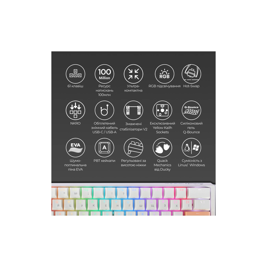 Клавіатура Ducky One 3 Mini Cherry MX Brown RGB UA USB White (DKON2161ST-BUAPXPWWWSC1) - зображення 4