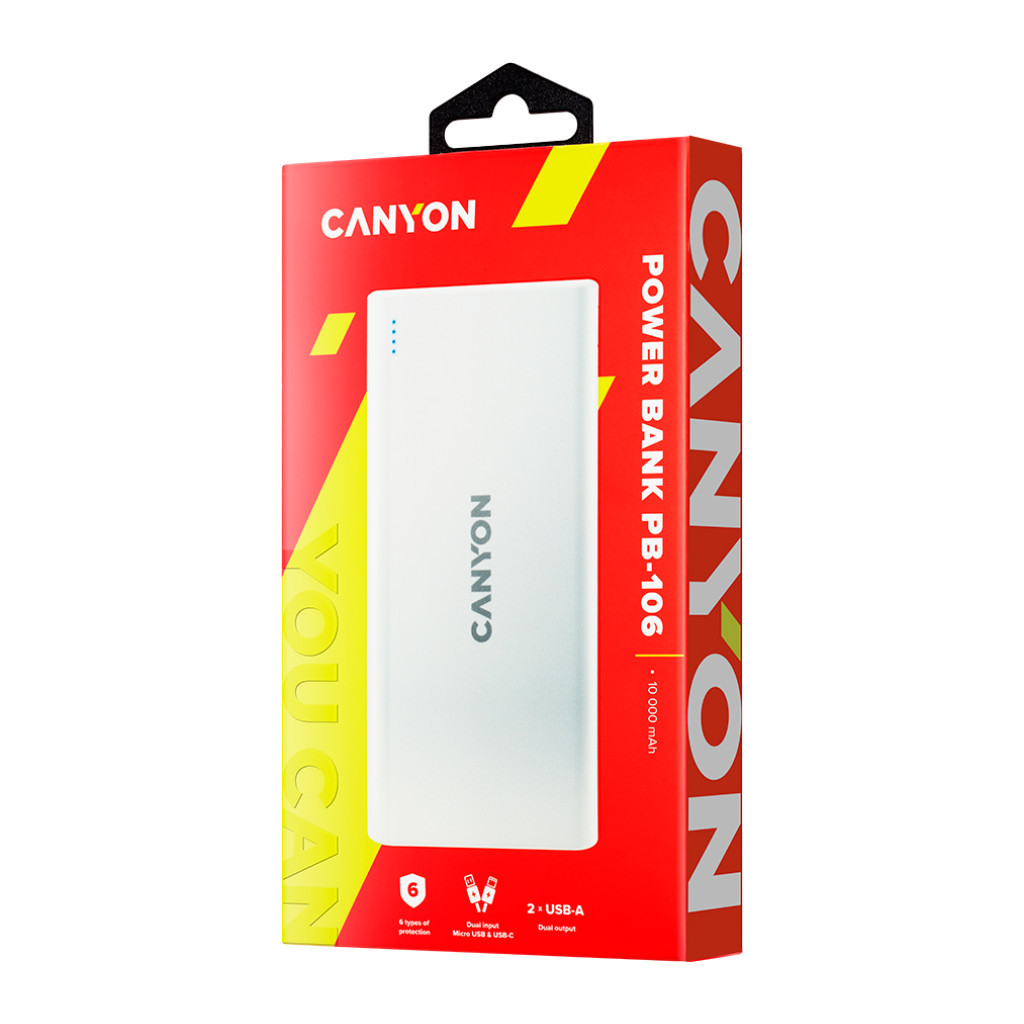 Батарея універсальна Canyon PB-106 10000mAh Input 5V/2A, Output 5V/2.1A(Max) (CNE-CPB1006W) - зображення 5