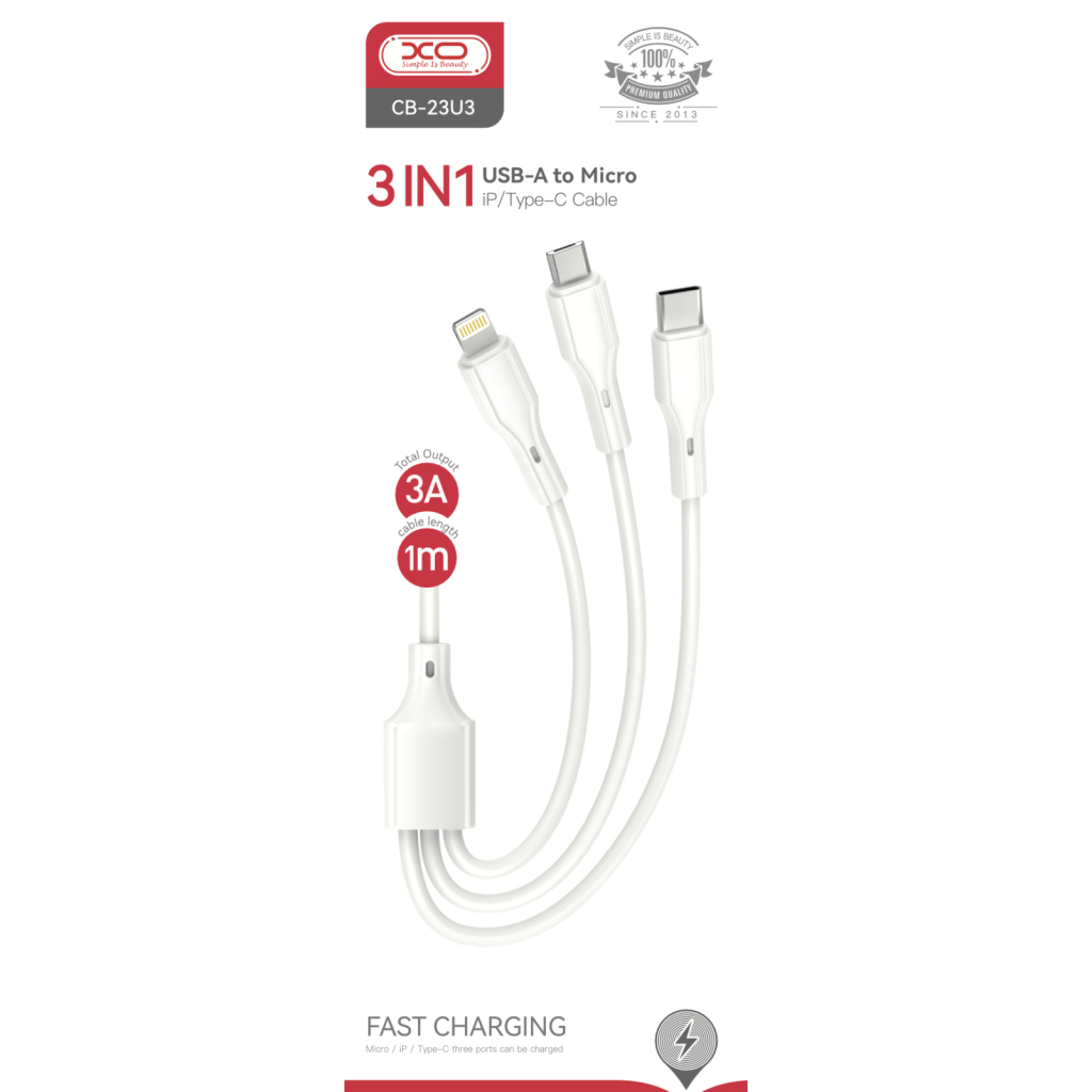 Дата кабель USB 2.0 AM to Lightning + Micro 5P + USB-C 1.0m 2.4A XO (CB-23U3) - зображення 3