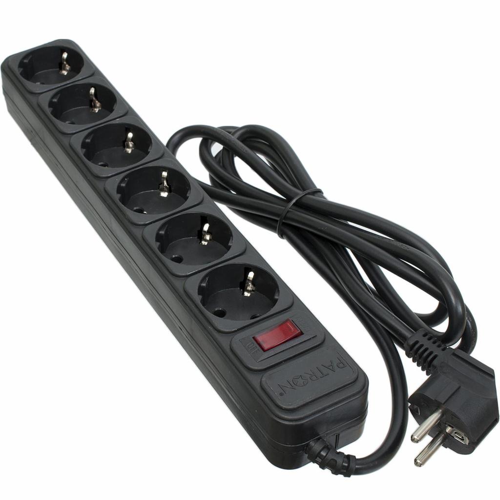 Мережевий фільтр живлення Patron 1.8 m3*1.5mm2 (SP-1662) 6 розеток BLACK (EXT-PN-SP-1662) - зображення 1