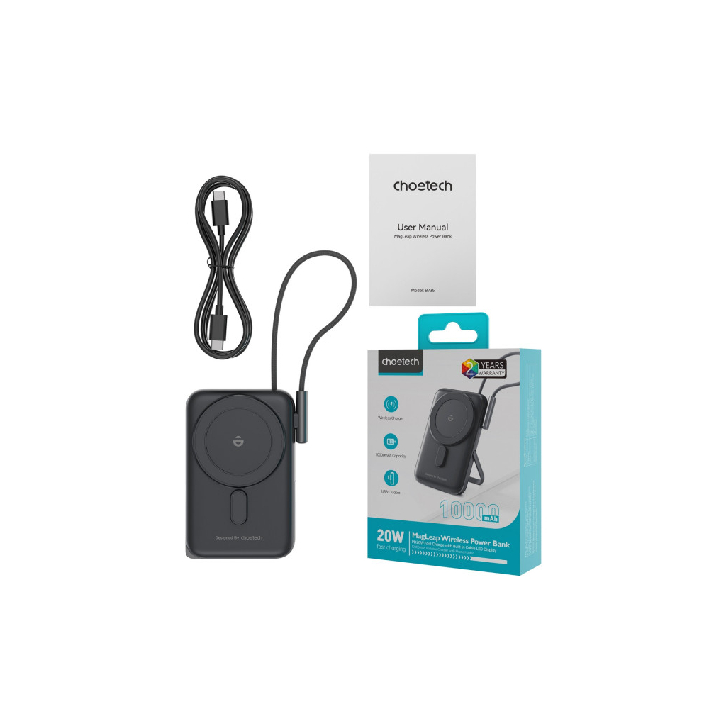 Батарея універсальна Choetech Magnetic Wireless 10000mAh 20W, PD, Qi-15W, USB-C In/Out, build-in cabel, Black (B735-CCBK) - зображення 3