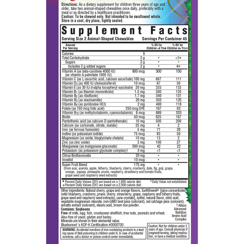 Мультивітамін Bluebonnet Nutrition Мультивітаміни для Дітей, Смак Фруктів, Rainforest Animalz, Whole Food Based Multiple Complete Daily 90 Chewables Assorted Fruit Flavor (BLB0190) - зображення 2