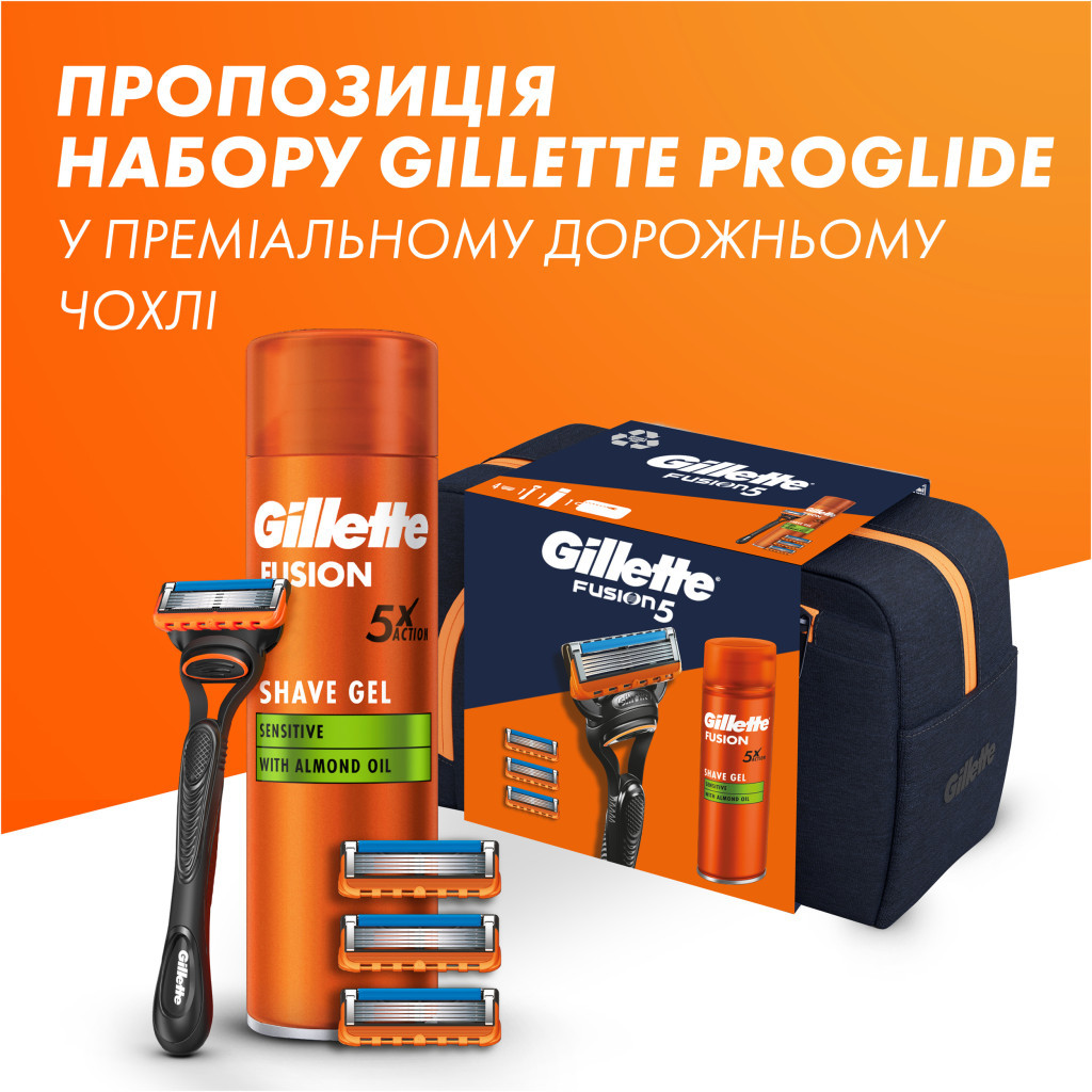 Набір косметики Gillette Fusion5 Станок для гоління (бритва) + 4 змінних леза + Гель для гоління 200 мл + Косметичка (8700216075510) - зображення 9