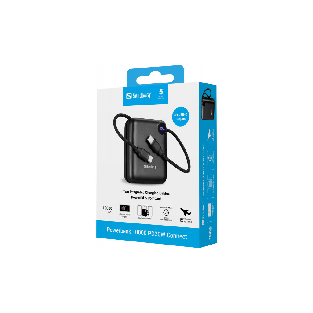 Батарея універсальна Sandberg 10000mAh PD/3.1/20W, QC/3.0, USB-C In/Out, with 2 cables USB-C (421-26) - зображення 6