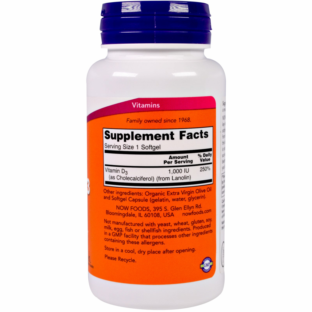 Вітамін Now Foods Вітамін D-3 1000IU, 180 желатинових капсул (NOW-00365) - зображення 2