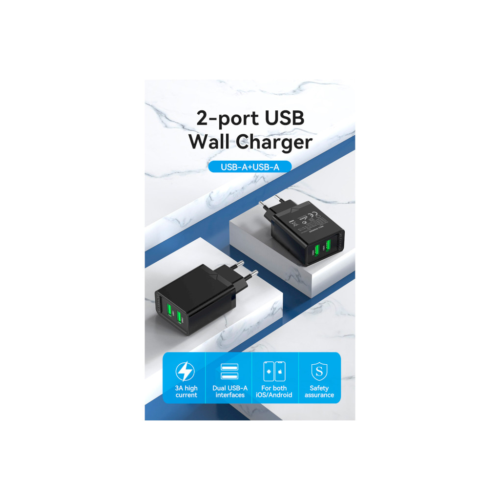 Зарядний пристрій Vention 2xUSB 36W (2xUSB-A) QC3.0 black (FBAB0-EU) - зображення 4