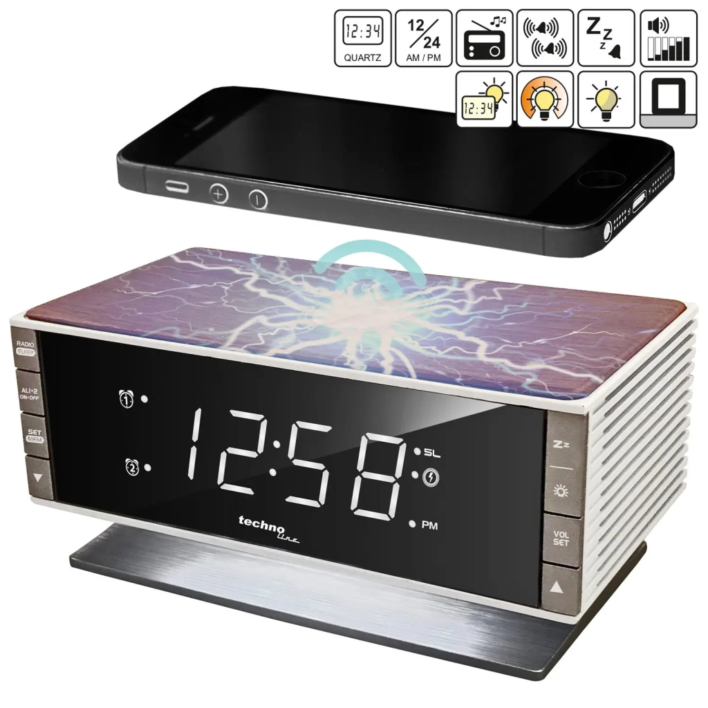 Настільний годинник Technoline з радіо WT487 Wireless Mobile Charging White/Brown (DAS302715) - зображення 5