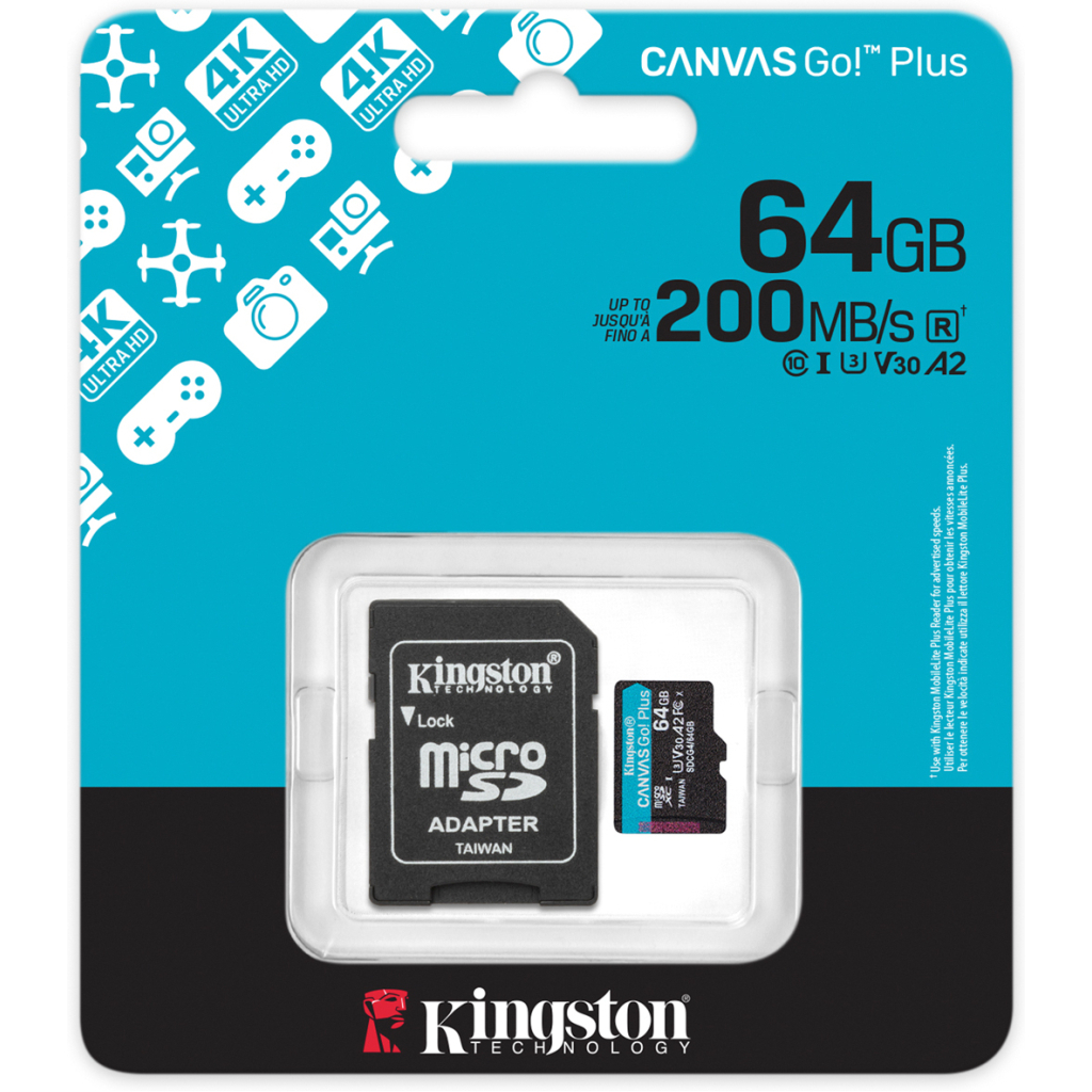Карта пам'яті Kingston 64GB microSDXC сlass 10 UHS-I U3 V30 A2 Canvas Go Plus G4 (SDCG4/64GB) - изображение 3
