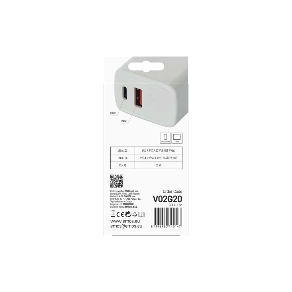 Зарядний пристрій EMOS V02G20 1xUSB-A + 1xUSB-C PD20W GaN (V02G20) - зображення 7