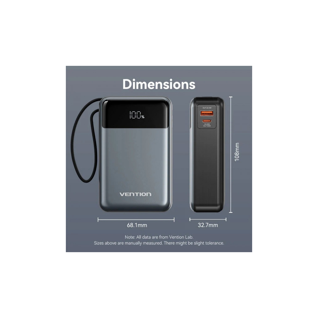 Батарея універсальна Vention 20000mAh 65W 3A PD, QC/3.0, USB-A, Type-C OUT, with Built-in USB-C Cable, LED Display (FHYB0) - изображение 3