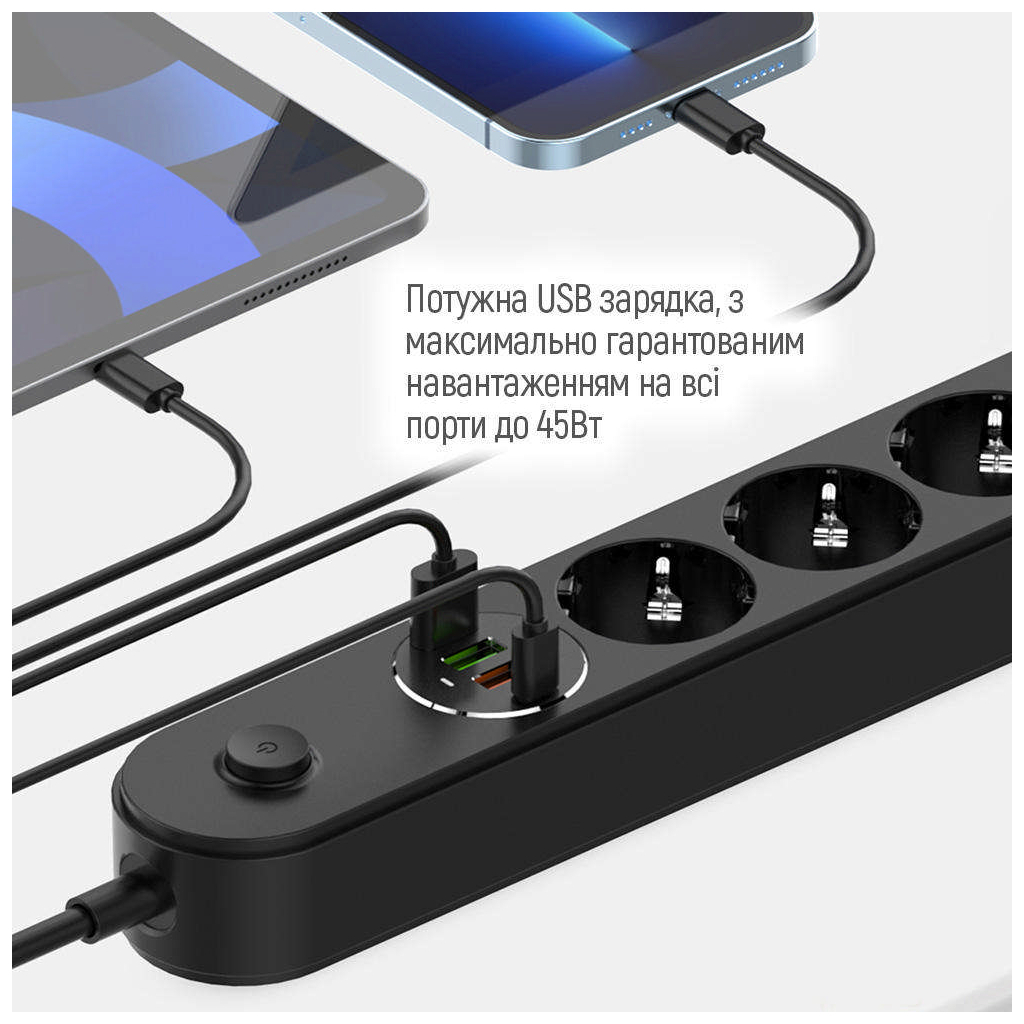 Мережевий фільтр живлення ColorWay CW-CHE44PDB, 4 розетки/4USB 2M (CW-CHE44PDB) - зображення 9