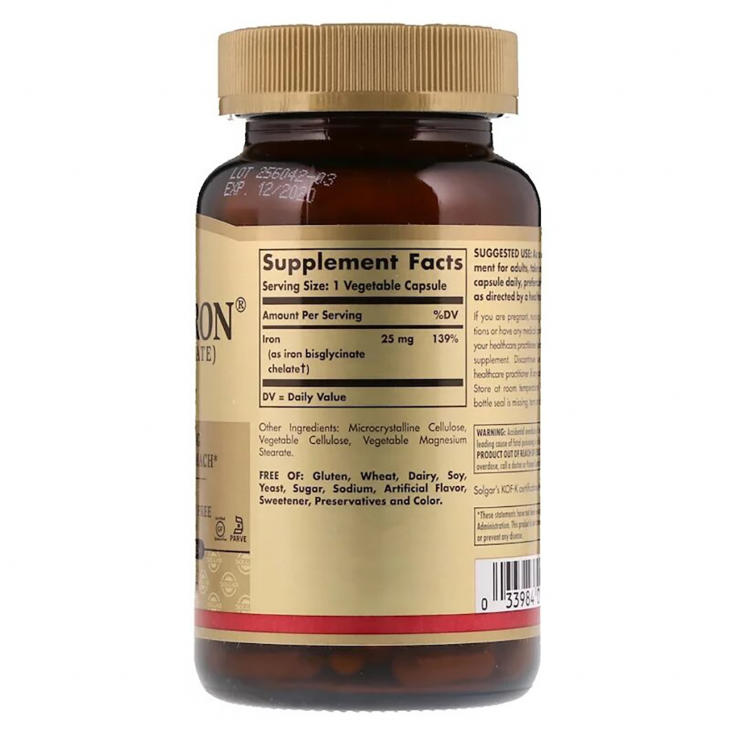 Мінерали Solgar Хелатний Залізо, 25 мг, Gentle Iron, 180 рослінніхапсул (SOL-01250) - зображення 2