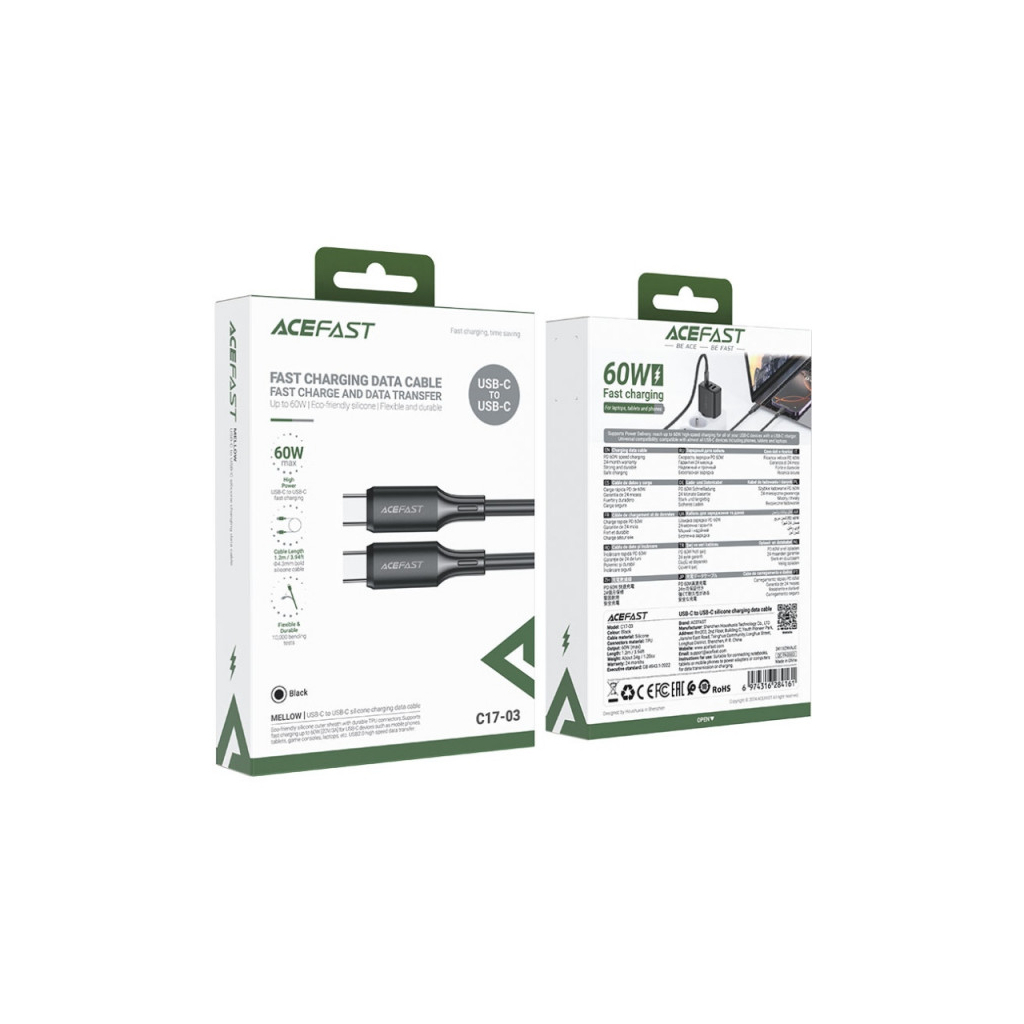 Дата кабель USB-C to USB-C 1.2m 3A 60W silicone black Acefast (6974316284161) - зображення 4