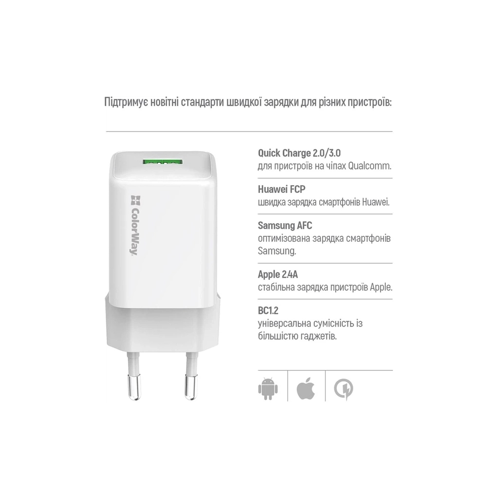 Зарядний пристрій ColorWay USB QC3.0 18W white (CW-CHS063Q-WT) - зображення 7