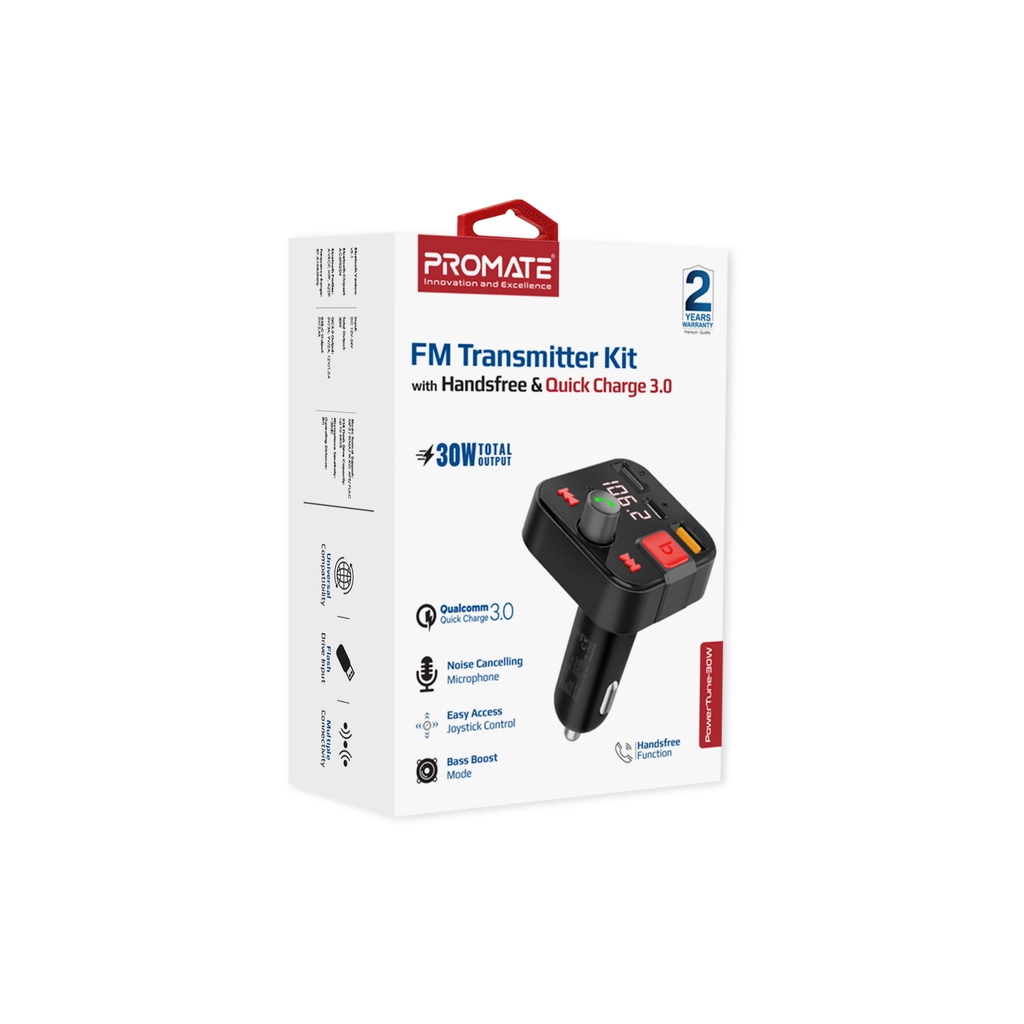FM модулятор Promate PowerTune 30w USB-A OTG/USB-A QC3.0/USB-C BLACK (powertune-30w.black) - изображение 2