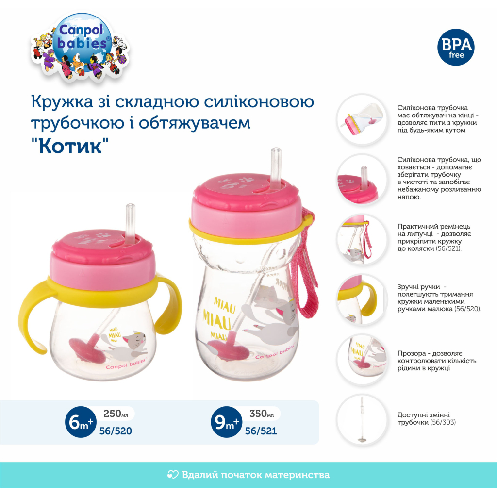 Поїльник-непроливайка Canpol babies зі складаною силіконовою трубочкою та обтяжувачем 350 мл Котик Рожевий (56/521) - изображение 6